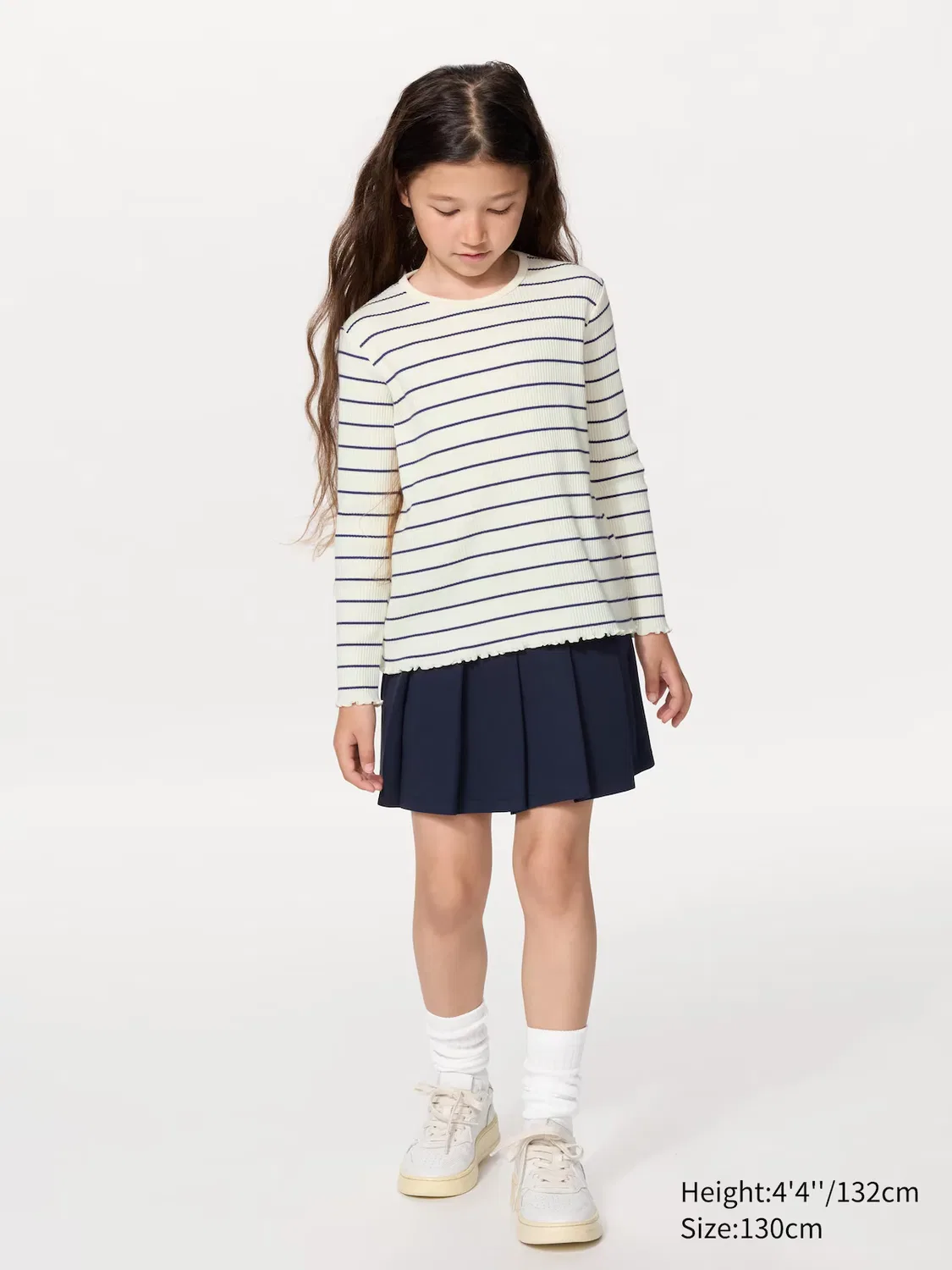 Футболка Uniqlo, детская, с круглым вырезом и длинным рукавом в полоску, темно-синий — фото 2