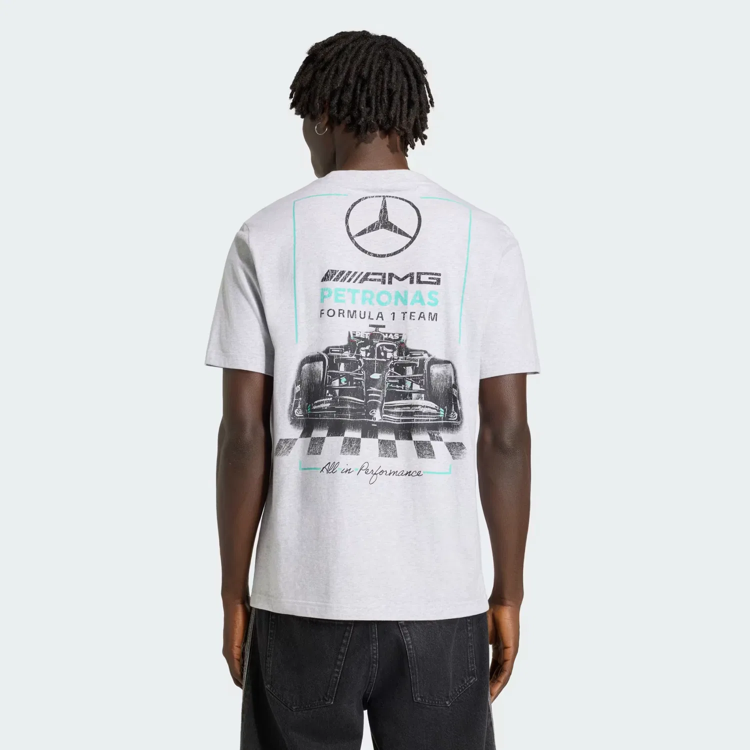 Мужская футболка с принтом Mercedes - AMG Petronas Formula 1 Team Graphic Tee 02 Adidas Performance, светло-серый меланж — фото 3