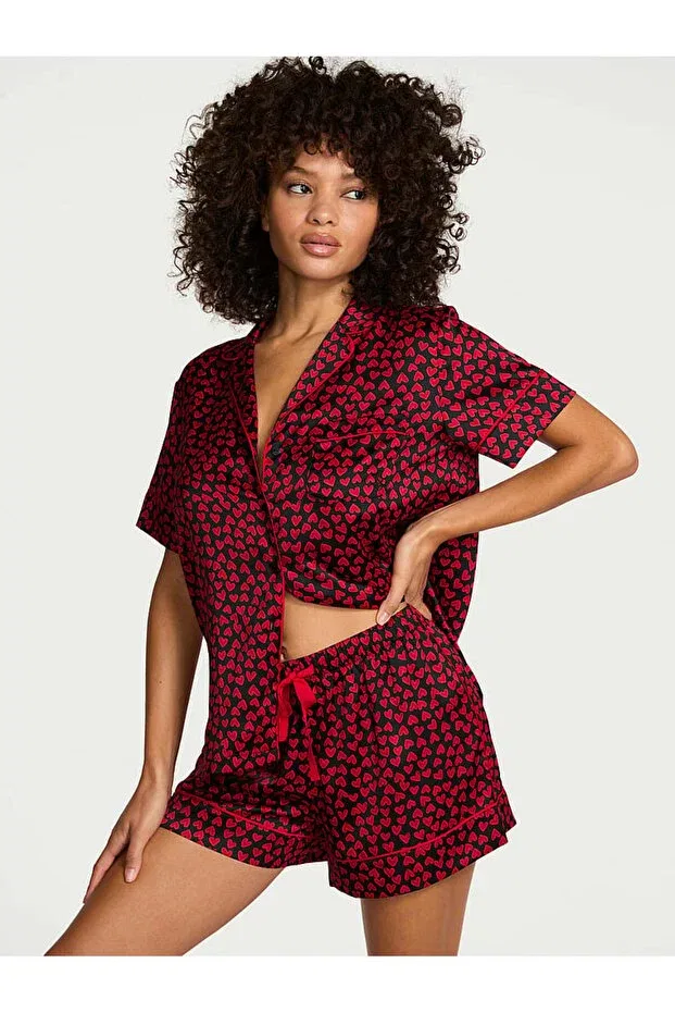Женский комплект пижамы с коротким рукавом в полоску Victoria'S Secret, Black And Red Heart