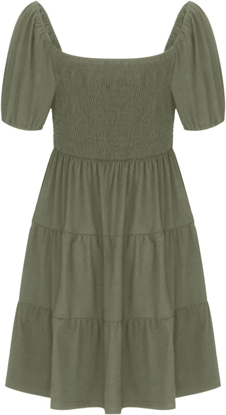 Женское платье с воланами и коротким рукавом Smocked Elastic Waist, Army Green — фото 4