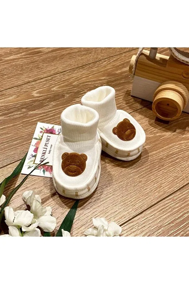 Детские пинетки из гребенной хлопковой пряжи с принтом Combed cotton baby booties suede bear printed Renkli Puset, Brown — фото 2
