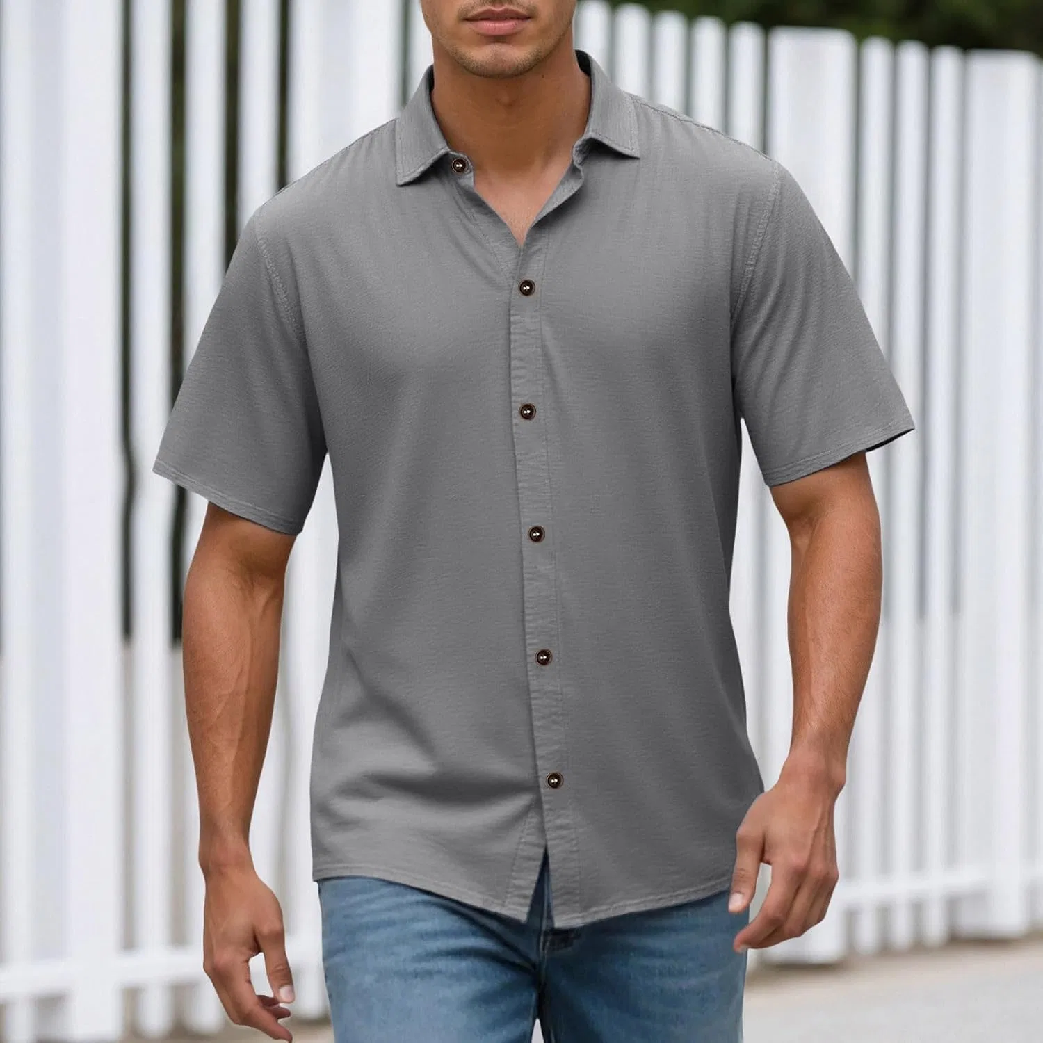 Мужская рубашка с коротким рукавом, slim fit, хлопковая, серый — фото 2