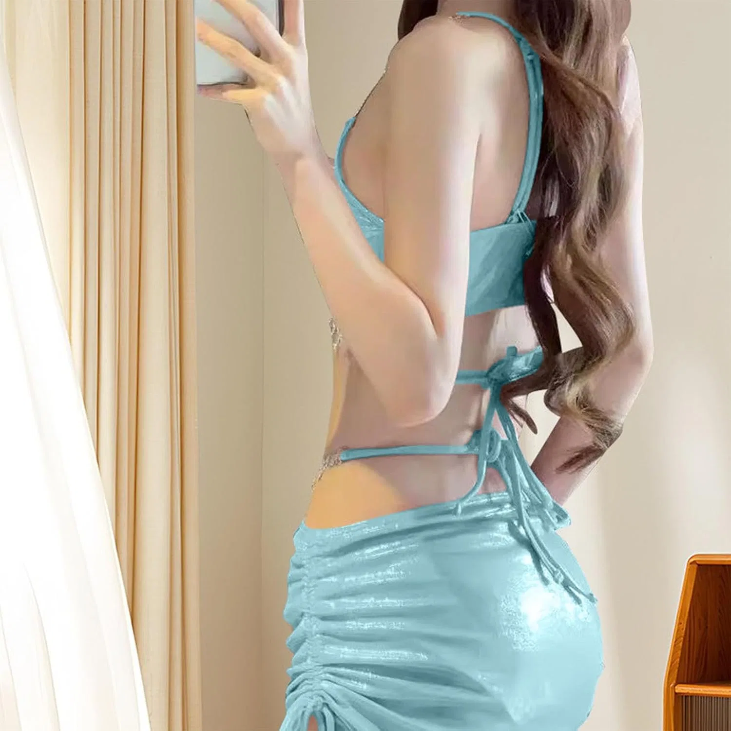 Женский бикини-комплект с пуш-ап и мини-юбкой, Light Blue — фото 3