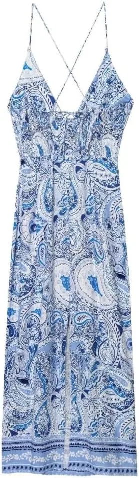 Женское платье с принтом V-образным вырезом и открытой спиной, Ankle-Length, Blue — фото 2