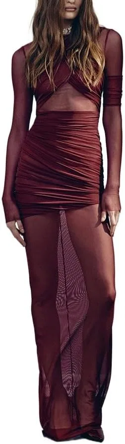 Женское макси-платье с рукавами A-LINE, Burgundy