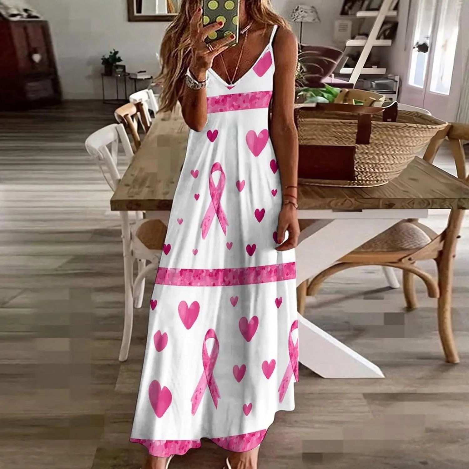 Женское длинное платье на бретелях с лентой осведомленности о раке груди, Style — фото 3