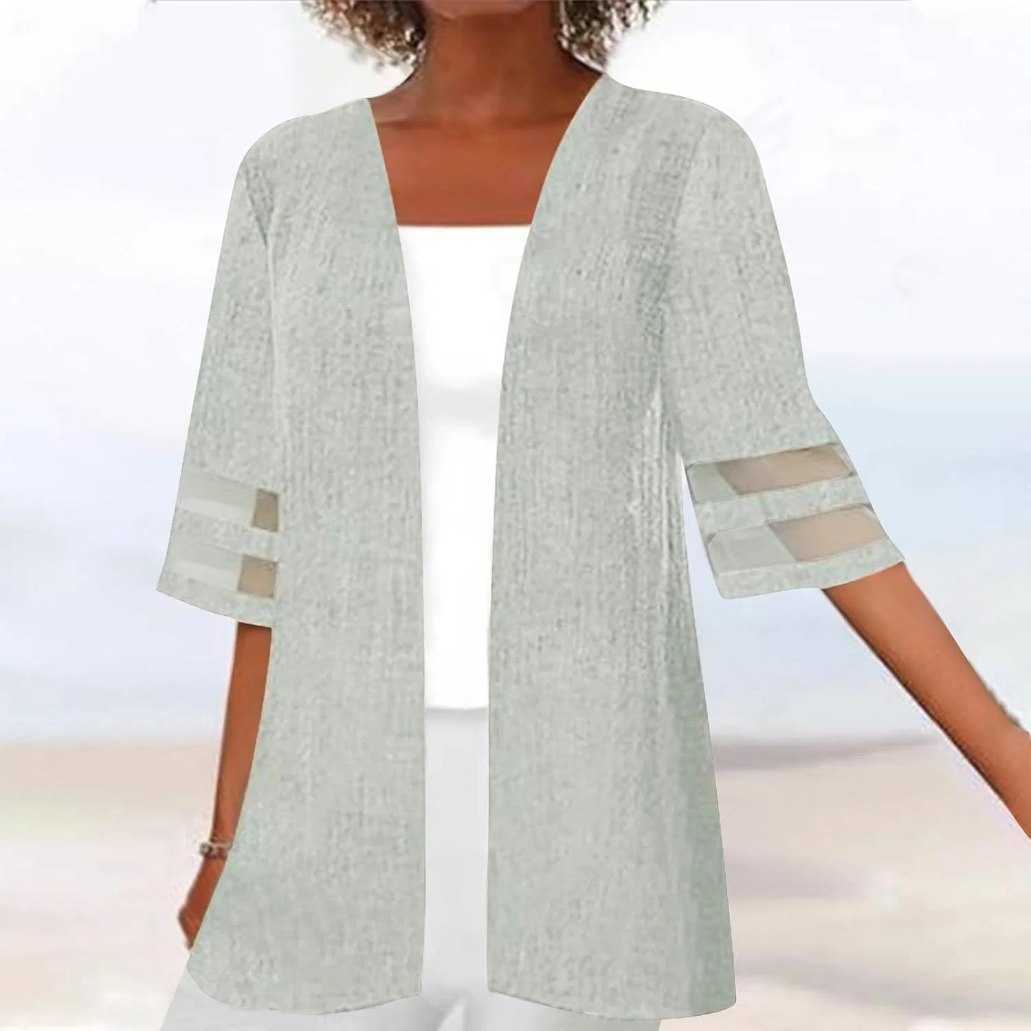 Женский кимоно-кардиган с кружевной отделкой, Open Front Loose Puff Sleeve, Gray — фото 2