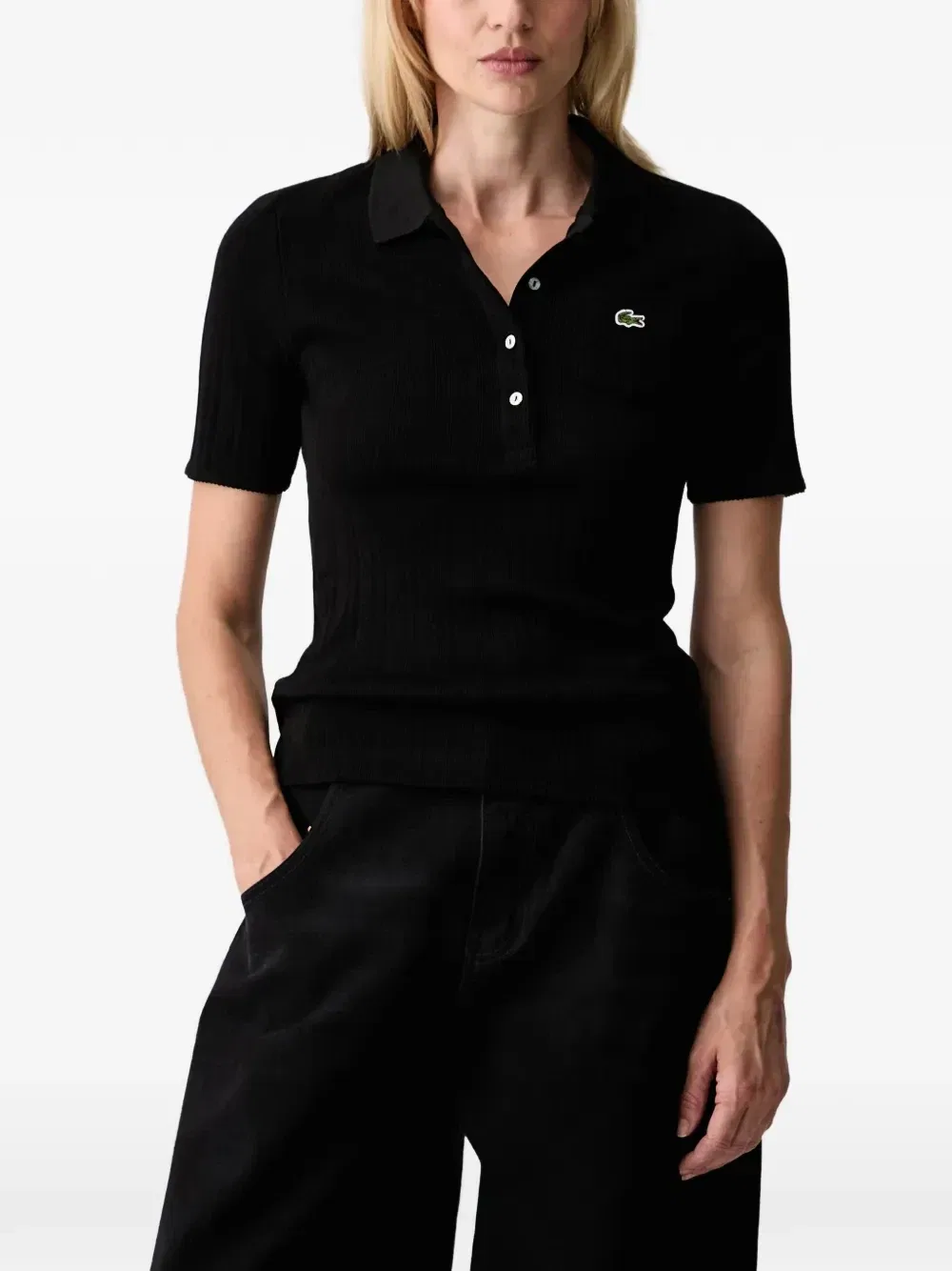Поло с нашивкой-логотипом и резинкой в рубчик Lacoste, черный
