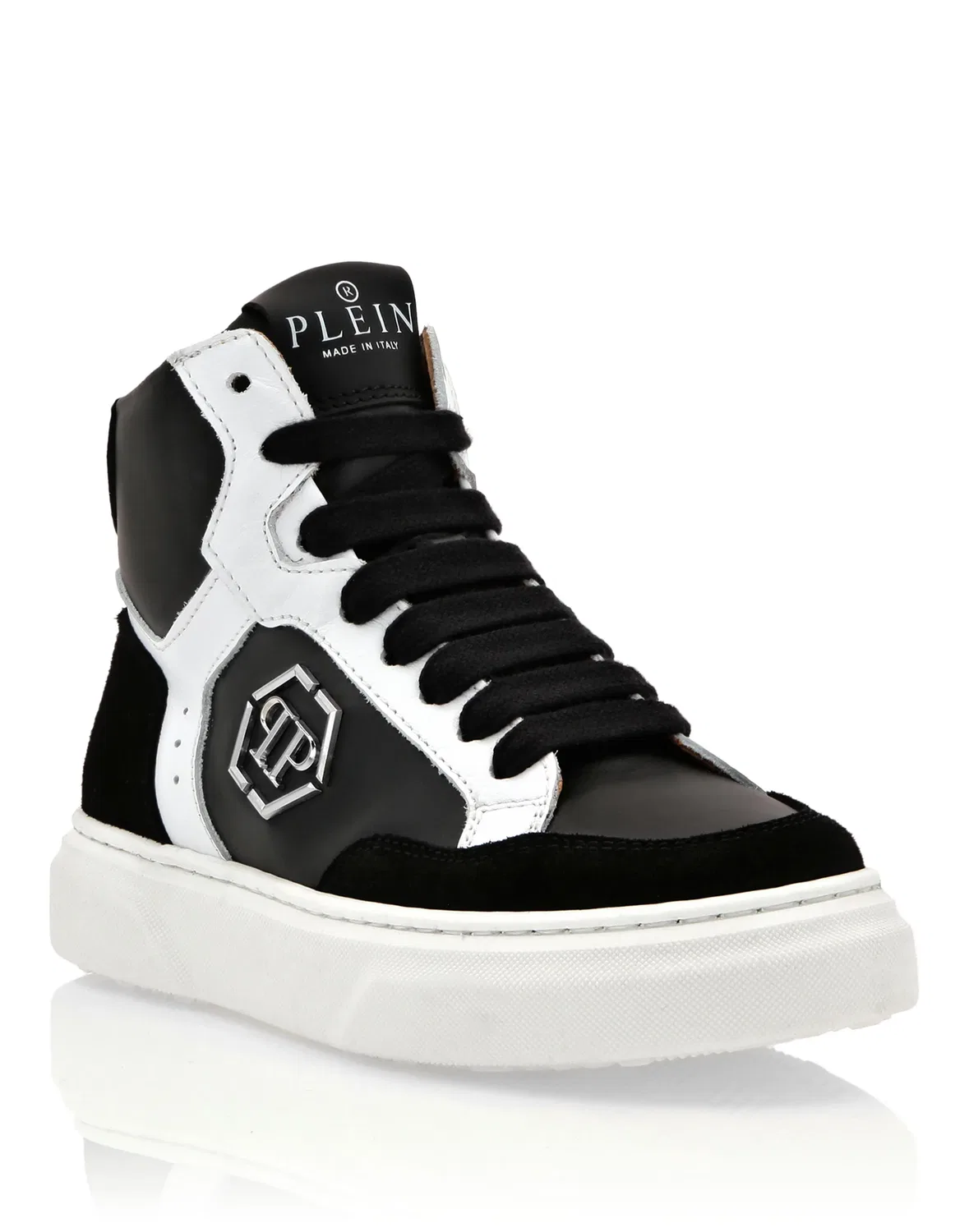 Детские кроссовки кожаные высокие с шестиугольным логотипом LEATHER HI-TOP SNEAKERS HEXAGON PHILIPP PLEIN, Black/White