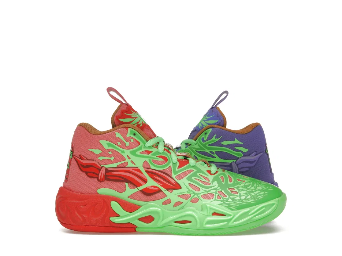 Детские кроссовки для мальчиков баскетбольные Puma LaMelo Ball MB.04 Teenage Mutant Ninja Turtles Raphael and Donatello (GS), Fluro Green Pes/Puma Red/Dark Amethyst