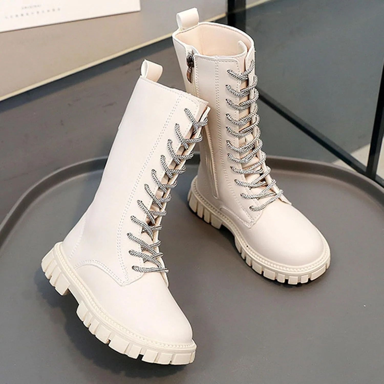Детские ботинки для девочек с принтом Mid Calf Combat Boots NTYHDFDG, White — фото 3