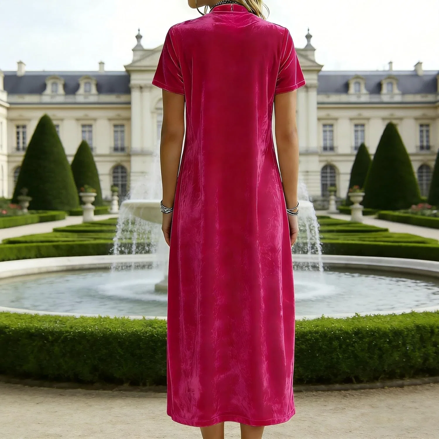 Женское платье с квадратным вырезом и длинными рукавами-фонариками, Hot Pink — фото 3