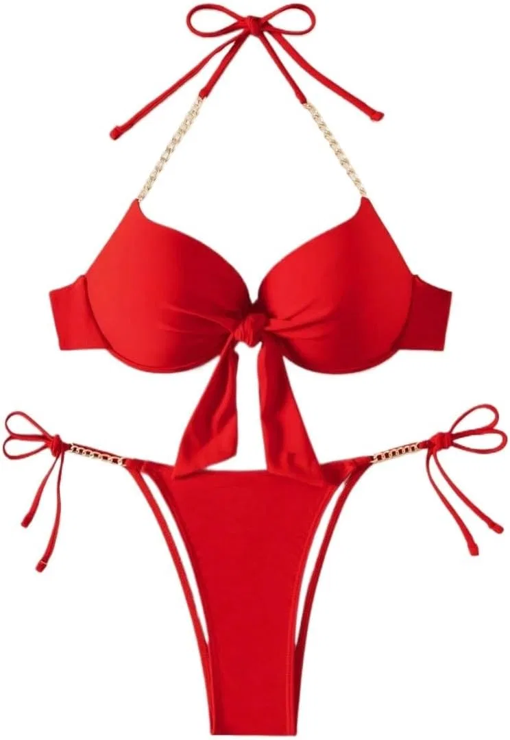 Женский бикини-сет с завышенной талией Push Up, Halter, Red