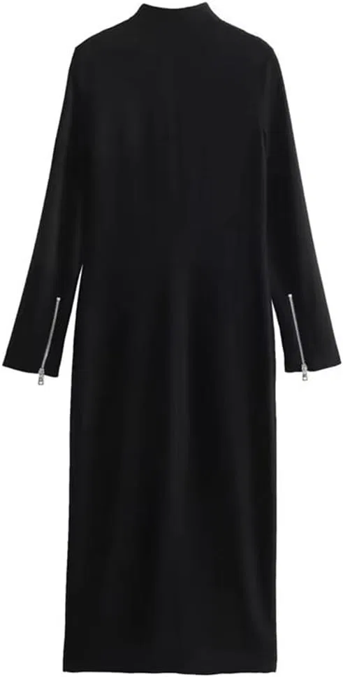 Женское ретро платье миди с воротником-стойкой Slim Fit, Black — фото 3
