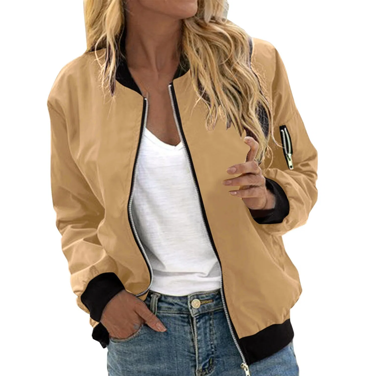 Женская куртка-бомбер с длинным рукавом, стеганая, с 3 карманами, cachi