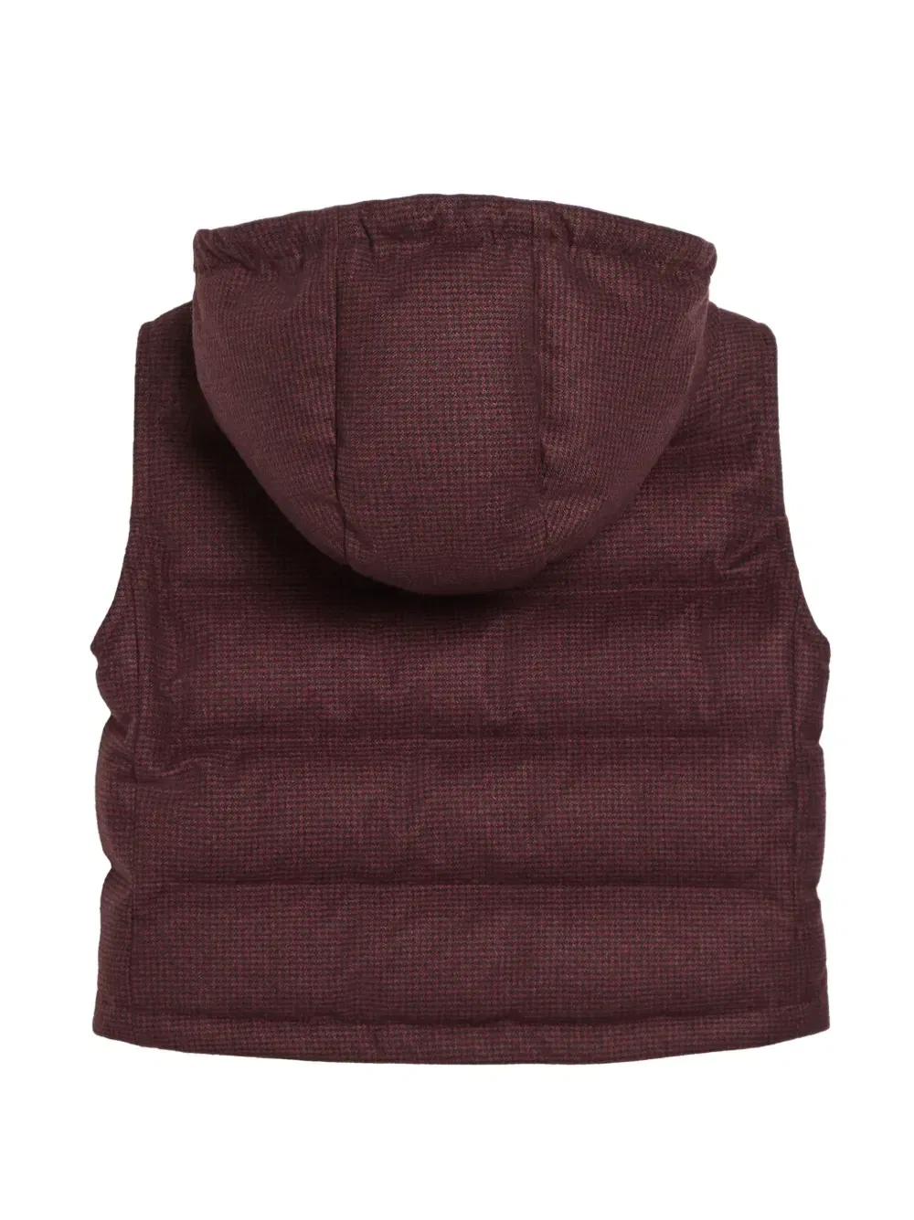 Дутый жилет в ломаную клетку с капюшоном Brunello Cucinelli Kids, красный — фото 2