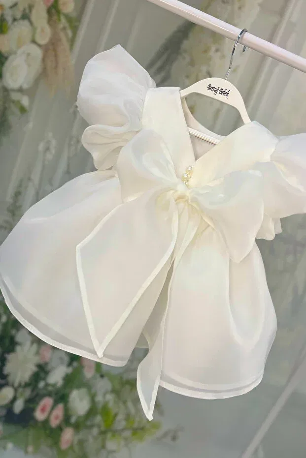 Детское платье для девочек с принтом Wedding Dress Balloon Sleeve Pearl Girl Child Baby Off White Evening Dress Bertuğ Bebek, Off-White — фото 3