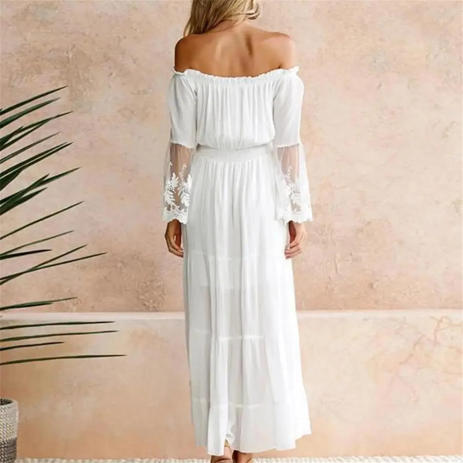 Женское платье макси с кружевом крючком Off-Shoulder с расклешенными рукавами Generic, White — фото 2