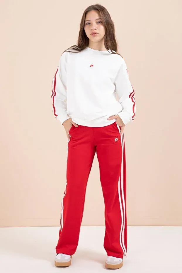 Детский комплект спортивного костюма для девочек с принтом Red Striped Detail Wide Leg Embroidered Girl's Oversized Tracksuit Set Cansın Mini, Red — фото 2
