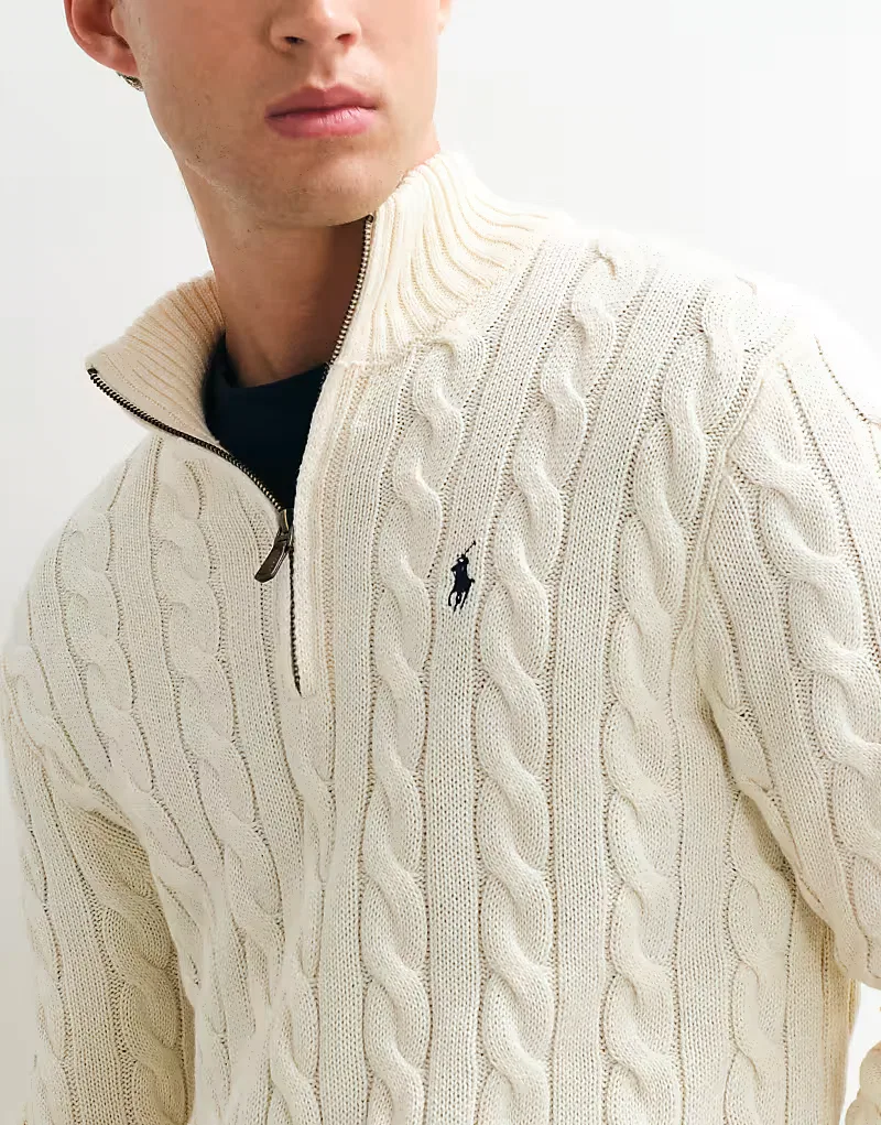 Хлопковая толстовка Polo Ralph Lauren с логотипом Icon и косами, застежка-молния до середины груди, кремовый — фото 2