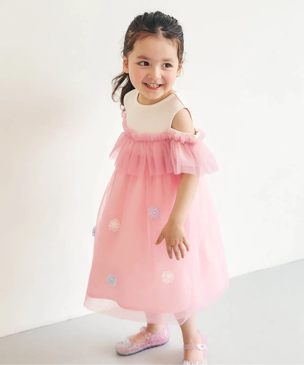 Детское платье с цветочным принтом и воланами из фатина, модель Flower Chiffon, apres les cours, Pink