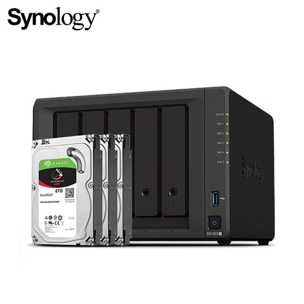 

Сетевое хранилище Synology DS1522+ 5-дисковое с 3 жесткими дисками Seagate IronWolf ST8000VN004 емкостью 8 ТБ