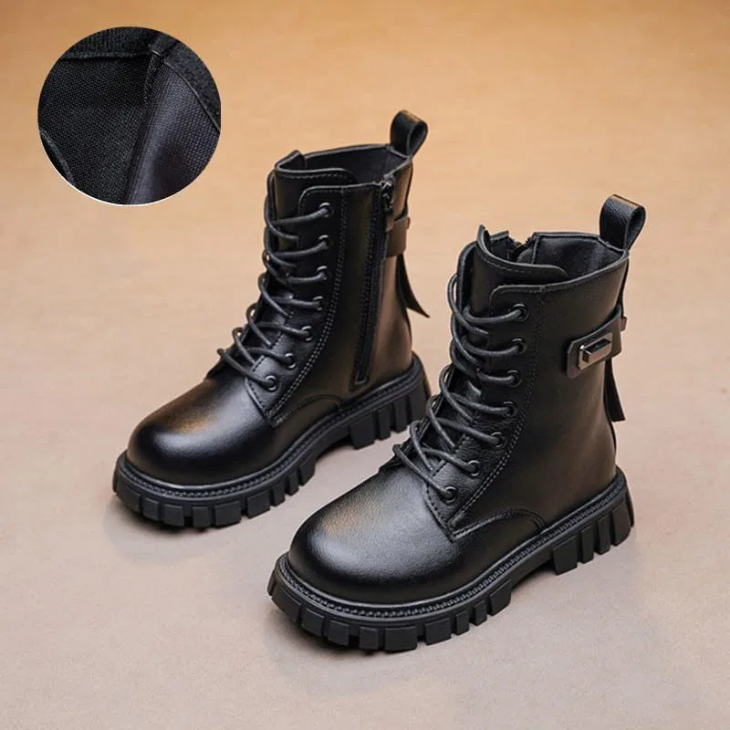 Детские ботинки для девочек на шнуровке с боковой молнией Combat Riding Boot gsatuba, Black — фото 3