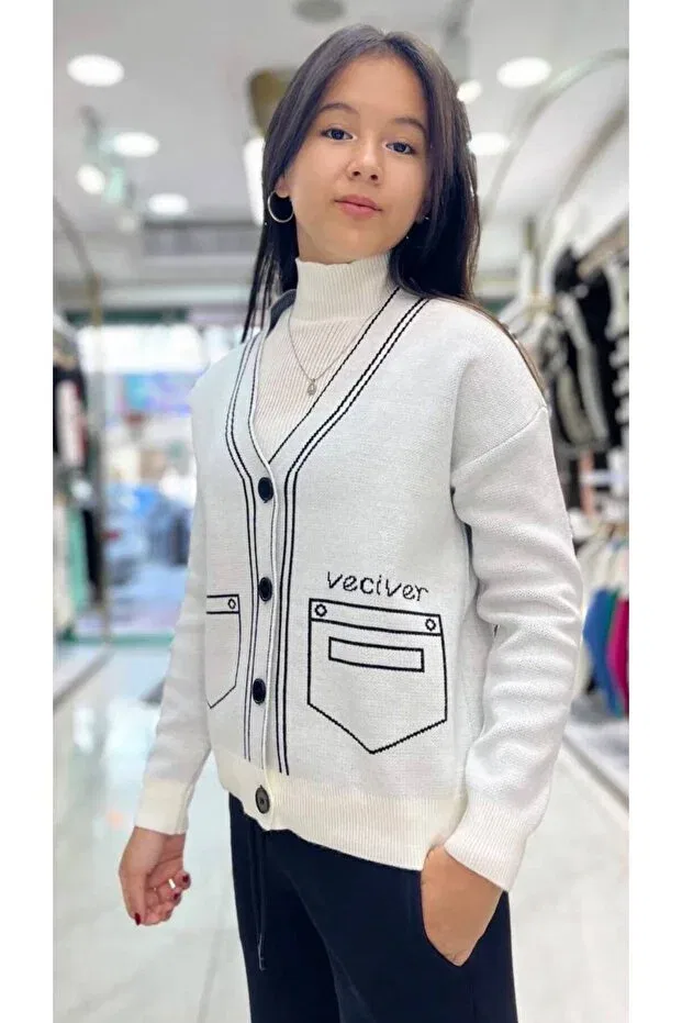 Детский кардиган для девочек с принтом Pocket Patterned Minimoda Kids, Cream — фото 2