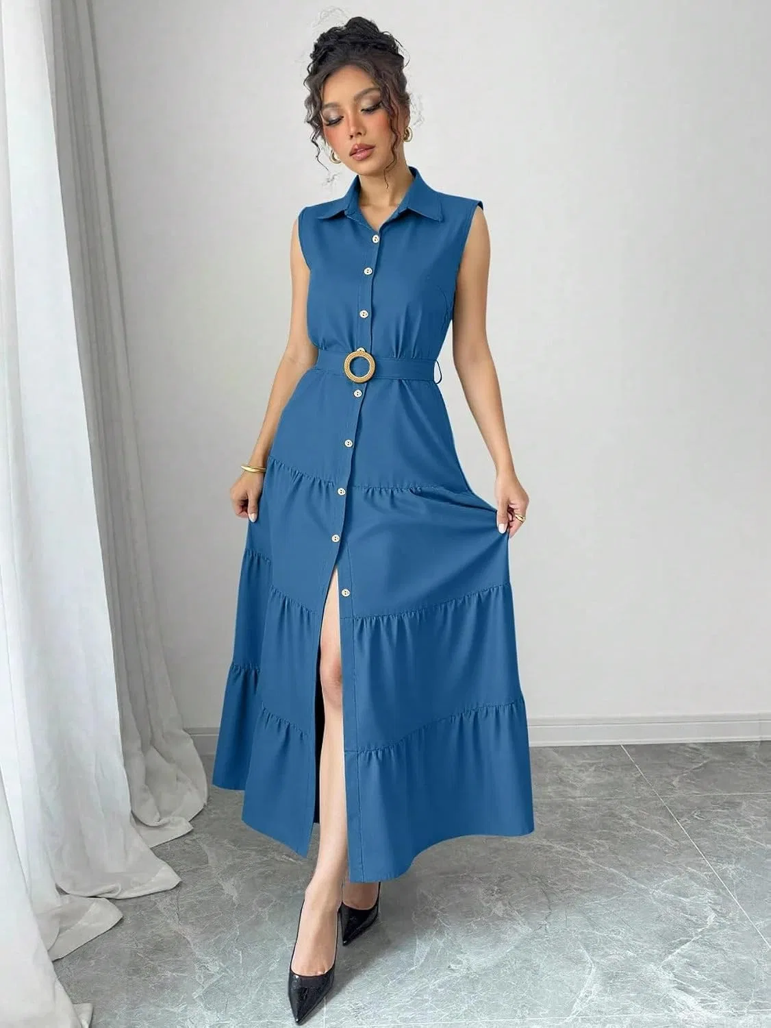 Женское летнее платье-рубашка с воланами, Sleeveless, Dusty Blue — фото 4