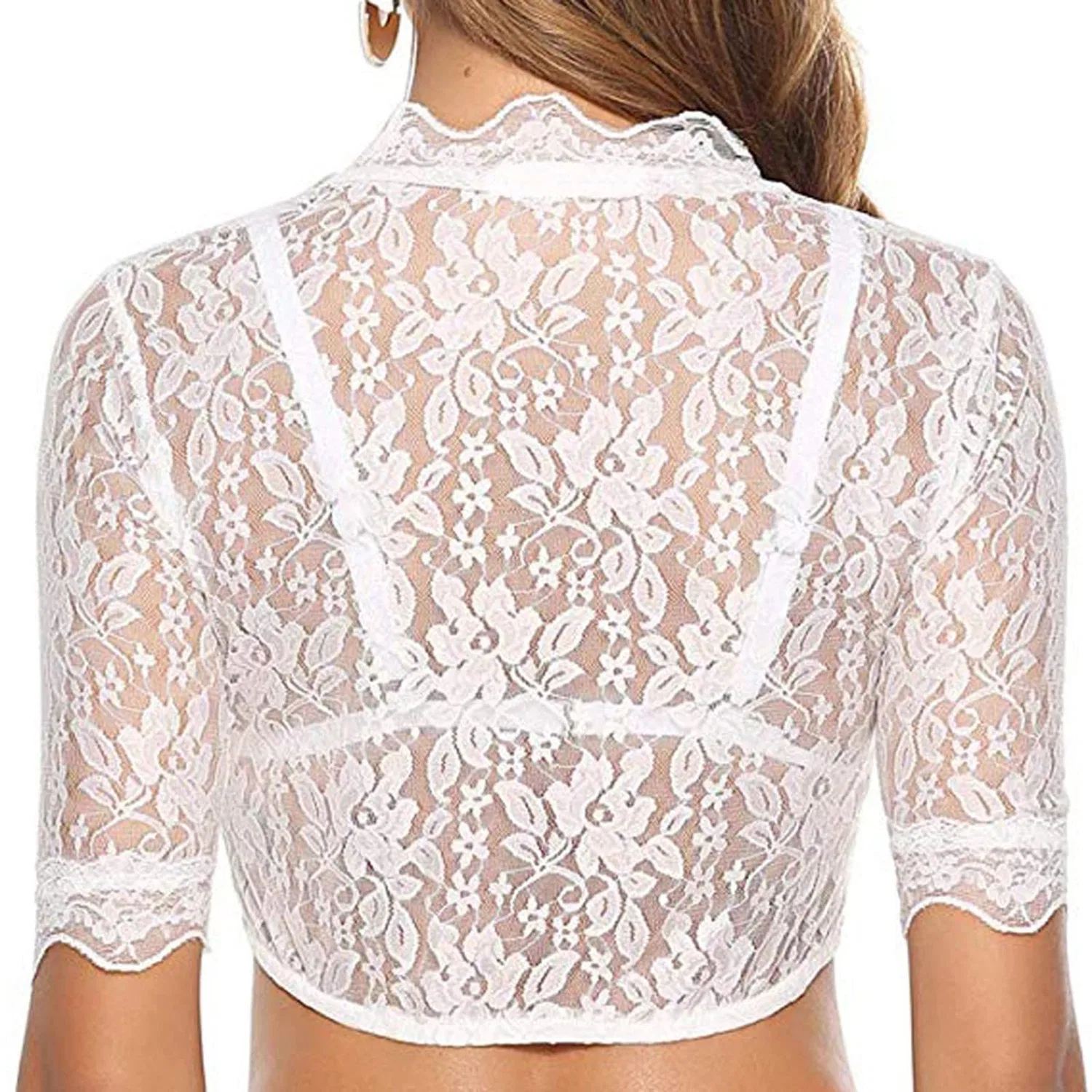 Женская блузка с высоким воротником и полупрозрачным кружевом Dirndl Lace Blouse, A20 White — фото 2
