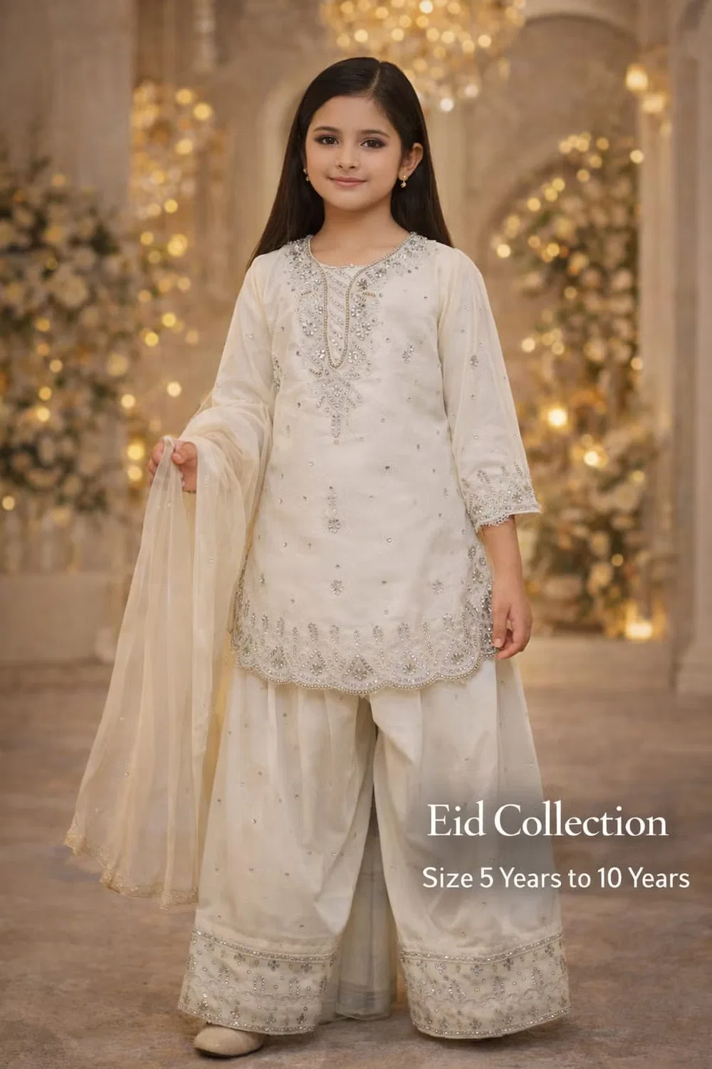 Костюм с жемчужной вышивкой Noor Elegance Eid Inaabia, айвори