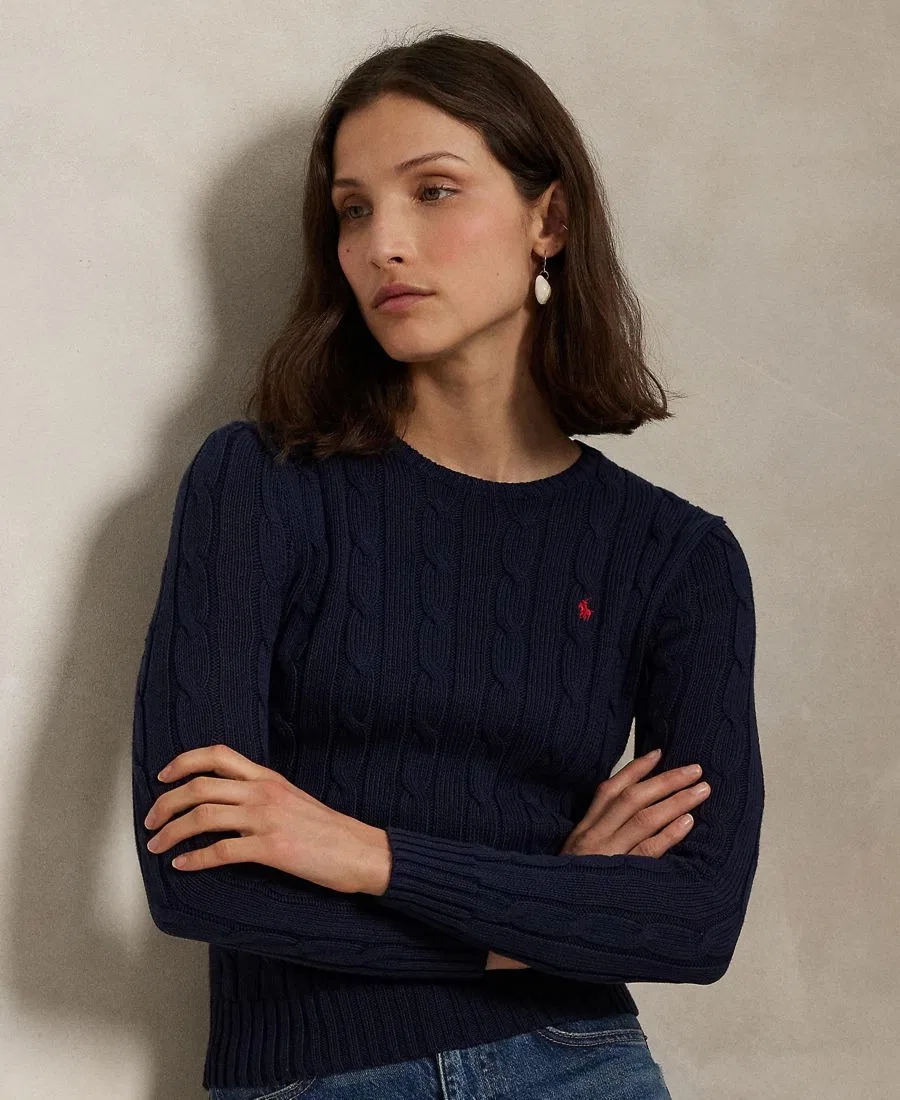 Женский свитер с круглым вырезом из хлопка, с косами Polo Ralph Lauren, Hunter Navy