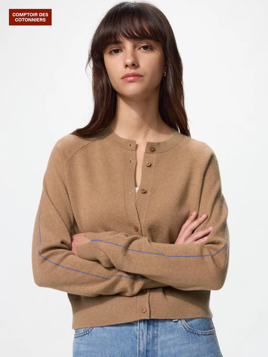 Кардиган Uniqlo, кашемировый, с круглым вырезом, коричневый