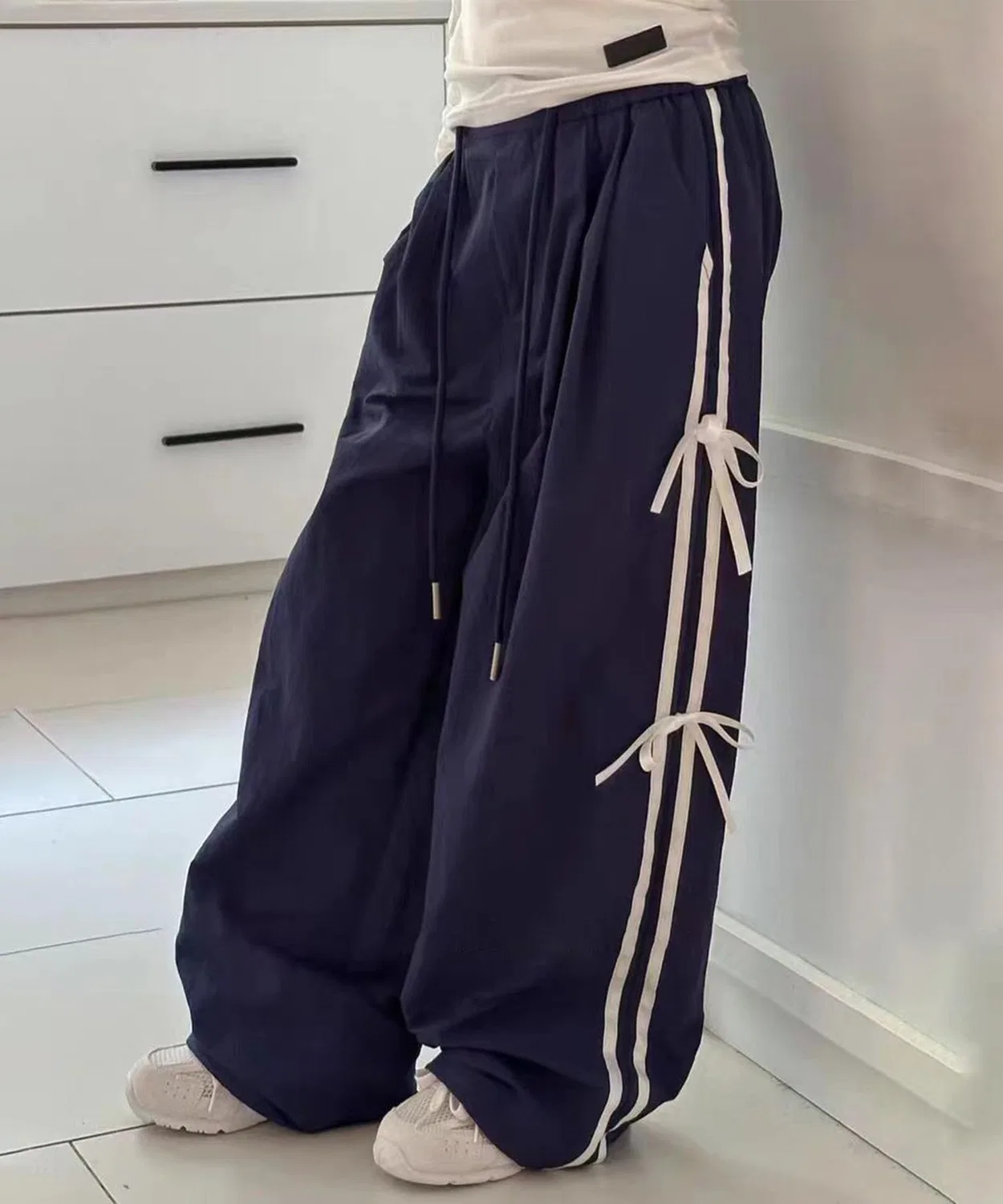 Детские штаны свободного кроя с лентой и полосками, модель Ribbon Line Wide Pants, aimoha, Navy