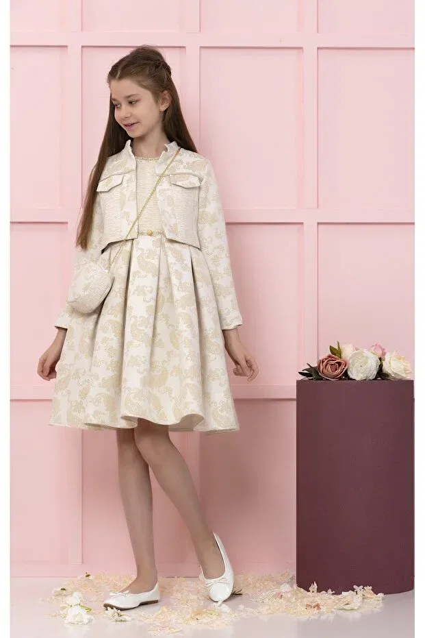 Детское платье вечернее с жакетом для девочек хлопковое Süslü Pink Kids, Beige — фото 2