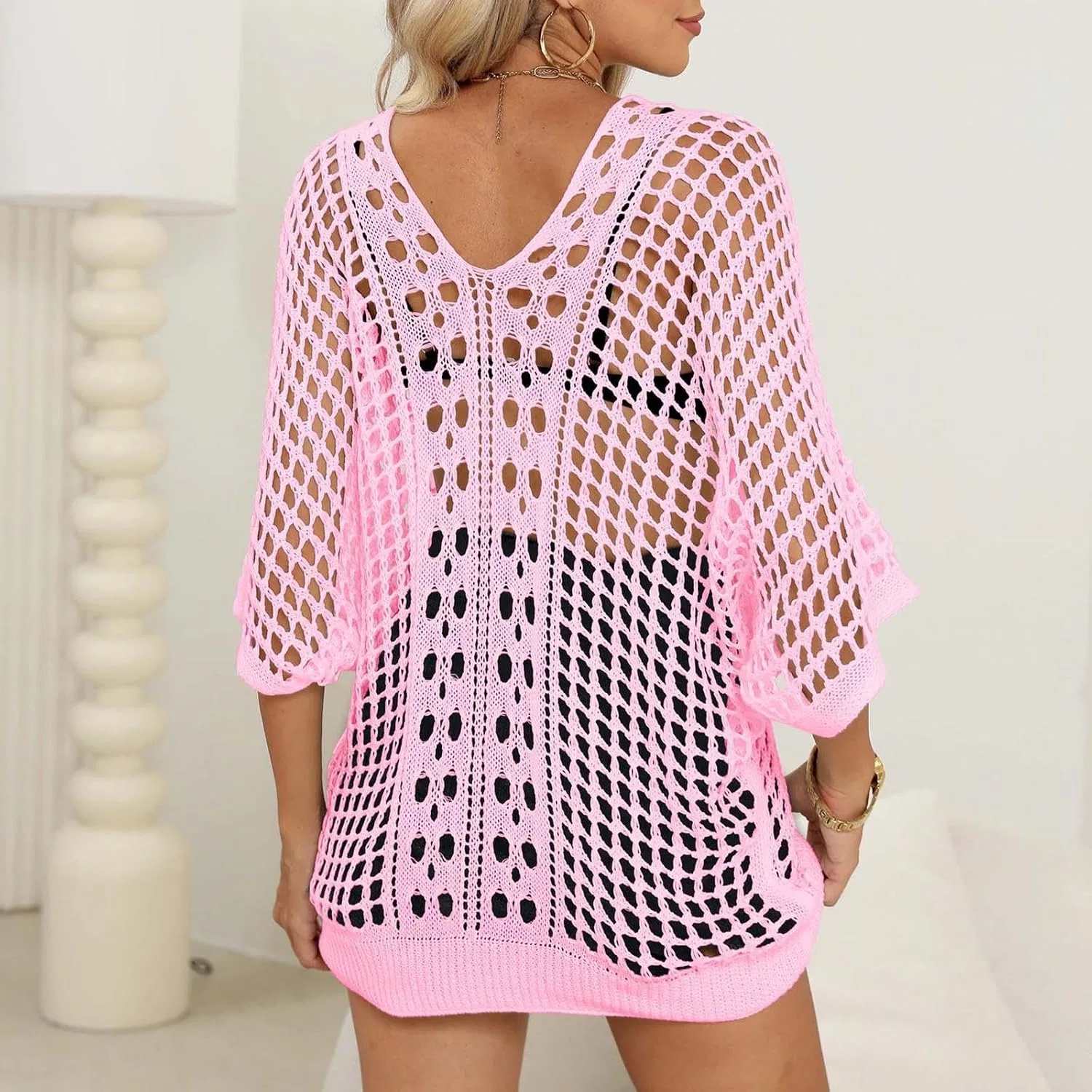 Женский пляжный костюм с кружевным узором, Pink — фото 4