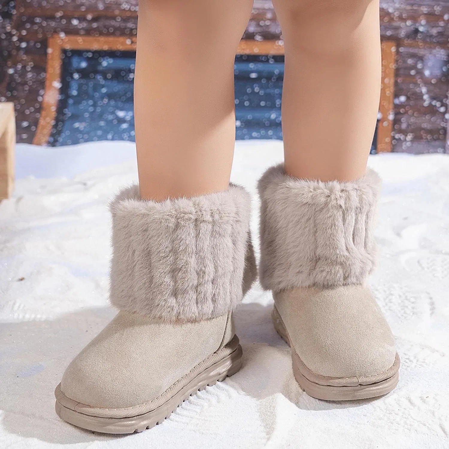 Детские зимние ботинки для девочек с мехом ZDZZHYO, Beige — фото 3