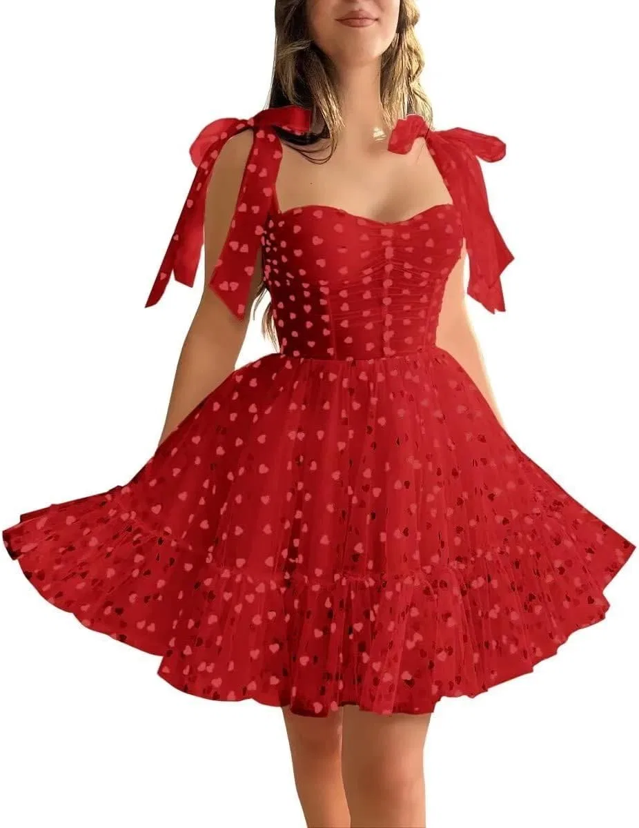 Короткое платье из фатина с сердцем на бретелях-спагетти YHW88, Red
