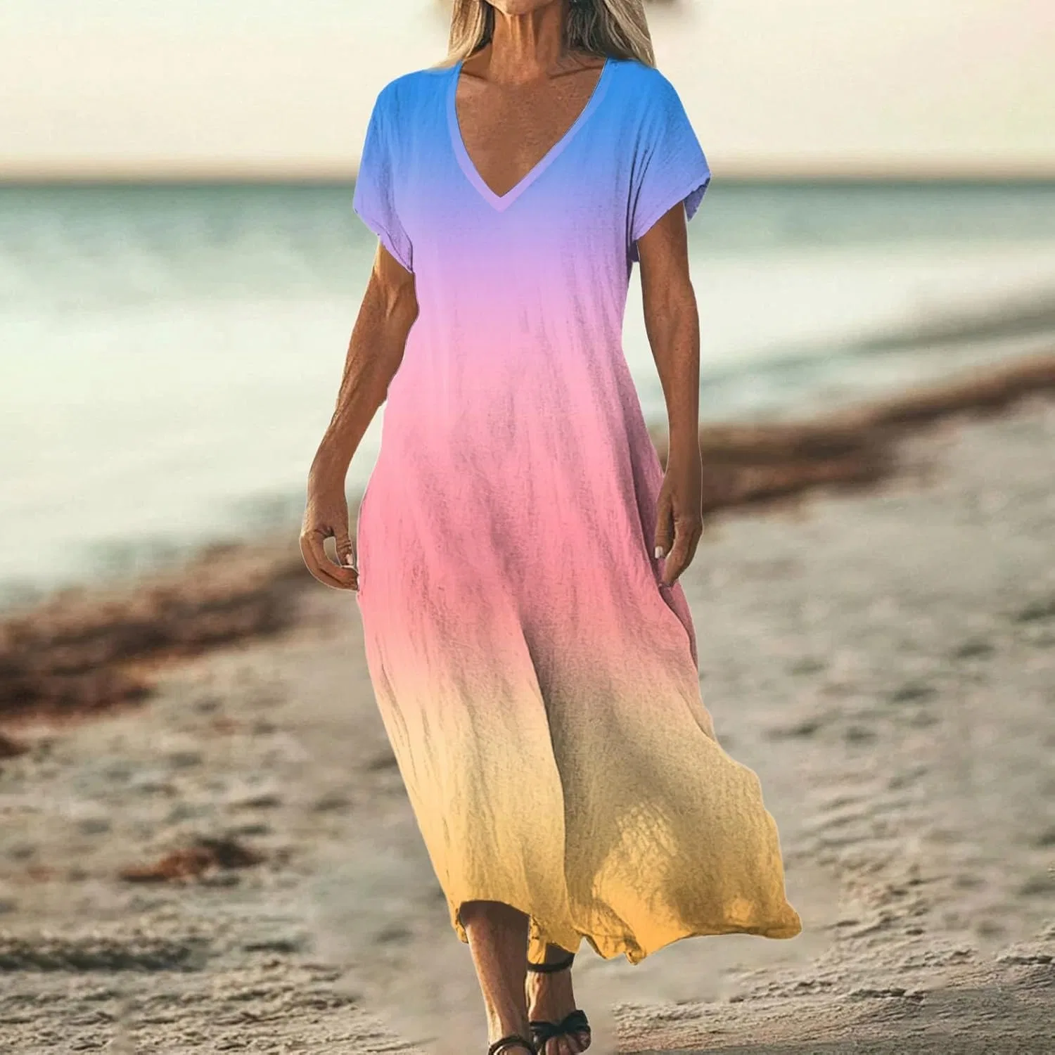 Женское макси-платье свободного кроя V-образным вырезом Cotton Linen, T22-pink — фото 2
