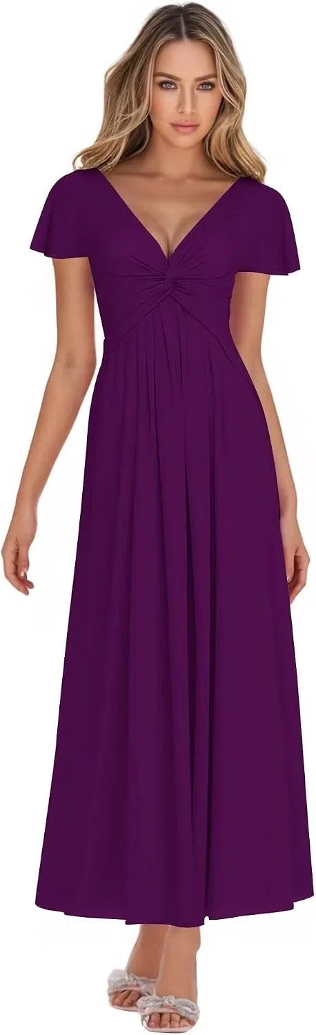 Длинное платье для подружки невесты из шифона с рюшами, Plum