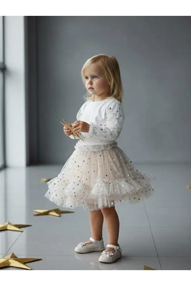 Детский комплект платьев с принтом Star Patterned Tutu Skirt Set Zekids, Cream — фото 4
