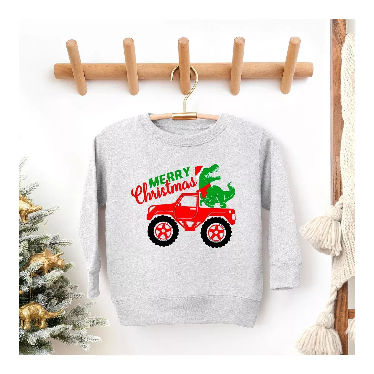 Детский свитшот с принтом Christmas Dino Truck The Juniper Shop, Heather Grey — фото 2