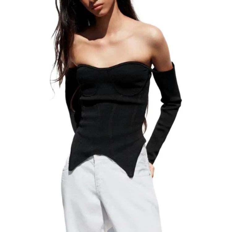 Женский вязаный топ без бретелек Black ZARA, Черный — фото 4