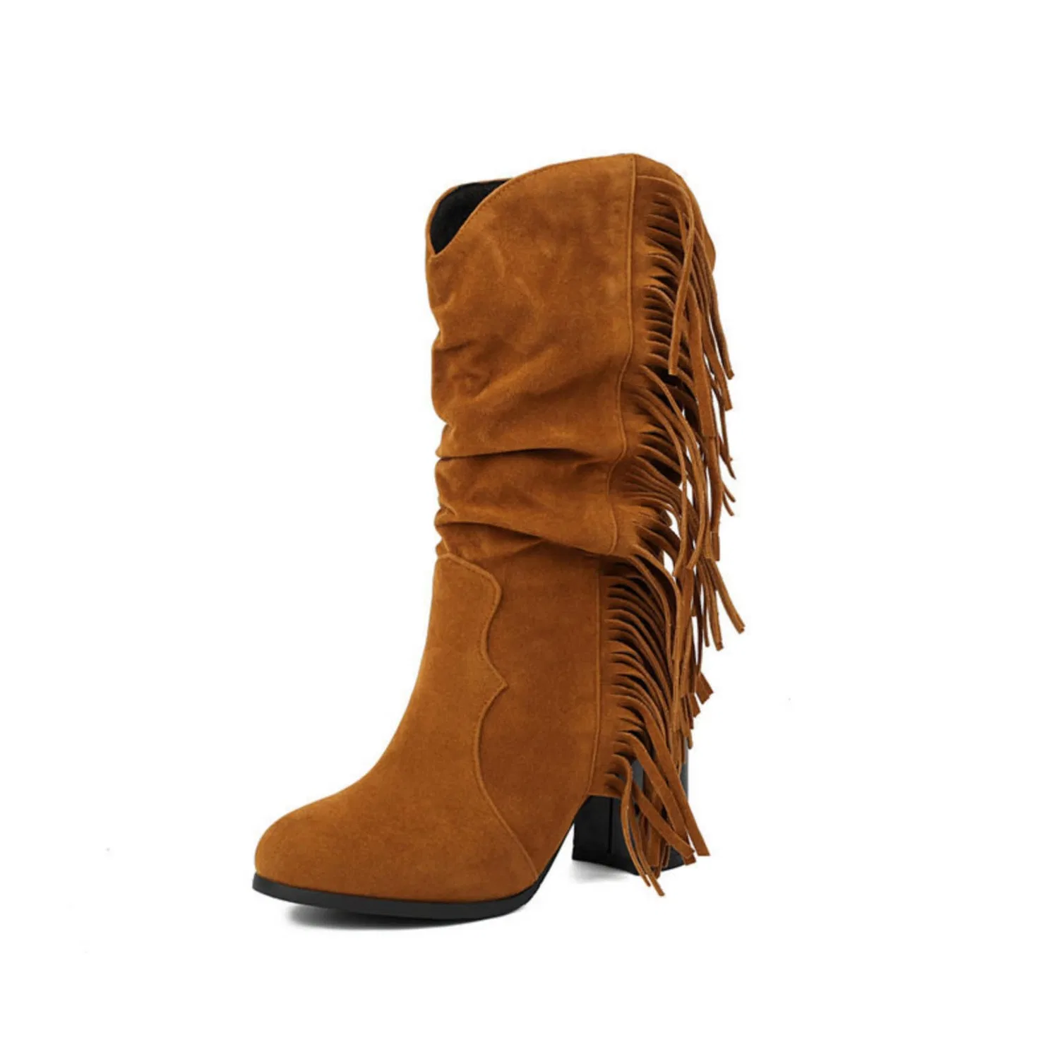 Детские сапоги для девочек с бахромой Stivali Donna in Pelle Scamosciata con Frange e Linea Morbida a Mezzo Polpaccio con Tacco Grosso e Stile Western, Giallo