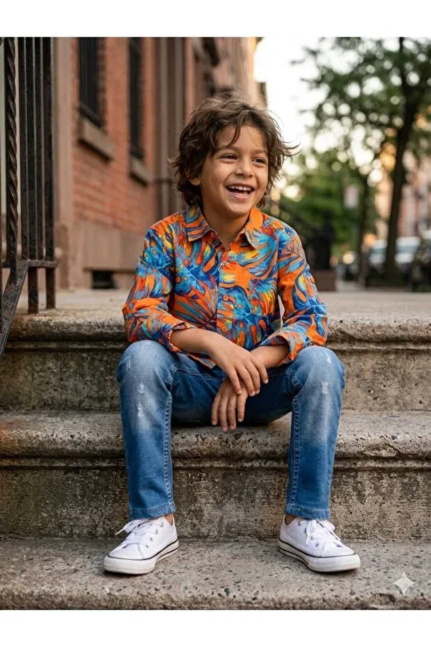 Детская рубашка для мальчиков с длинным рукавом Boy'S hawaiian model long sleeve shirt Hilal Akıncı Kids, Orange — фото 3