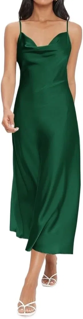Женское длинное платье на бретельках-спагетти из сатина, Dark Green