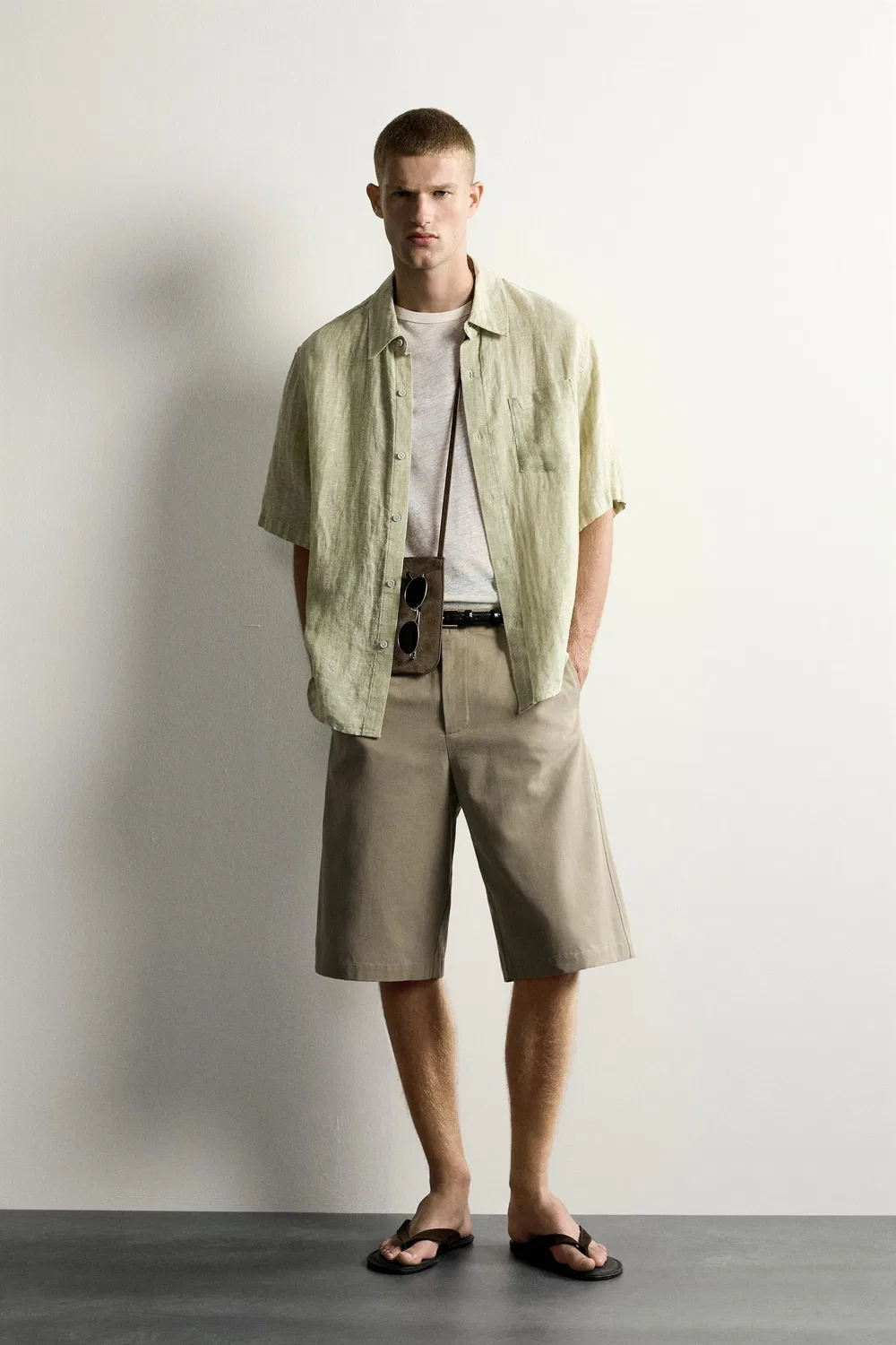 Рубашка в полоску из жаккардовой ткани, 100% лен. ZARA, Light green
