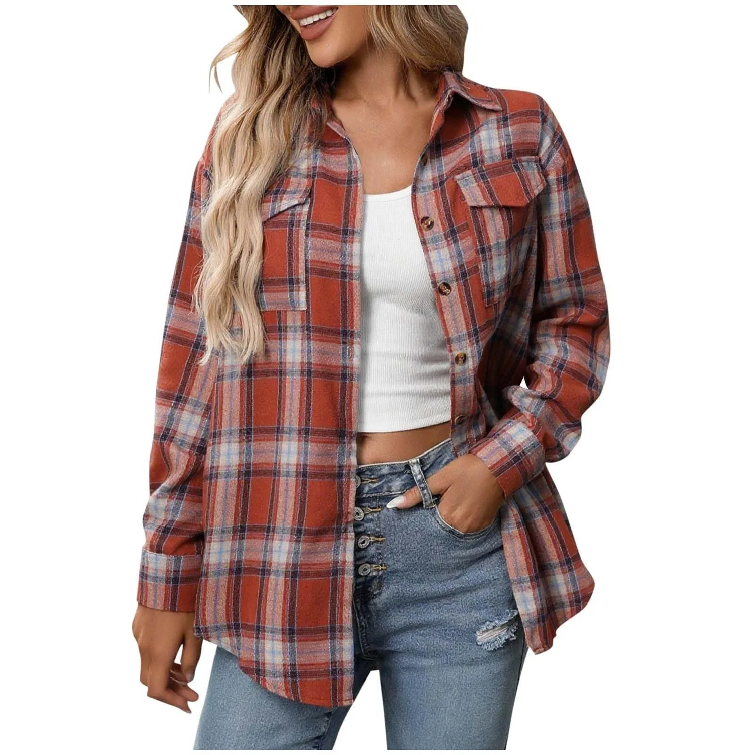 Женская рубашка-жакет с принтом в клетку, модель Plaid Flannel Shirts, Red