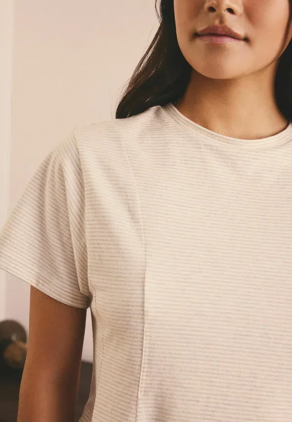 Пижамный комплект с завышенной талией и воланом из хлопка Tall fit - cinched waist peplum short sleeve pyjamas set Next, Neutral Stripe — фото 2
