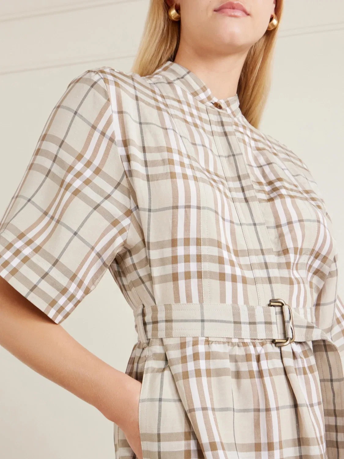 Короткое платье из клетчатой ткани BURBERRY, бежевый — фото 4